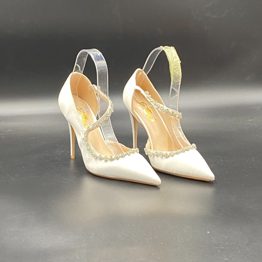 FSJ White Rhinestone Cross Strap Dress High Heel Pointed Toe Sandals - Picture 6 of 10